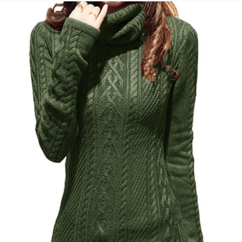 Mini Sweater Dress Heavy Cable Knit Cowl / Turtle Neck Forest Green Pit2Pit 16in